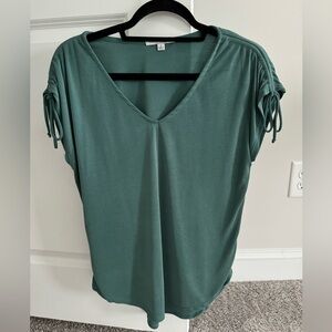 Teal Green Ribbed V-Neck Blouse